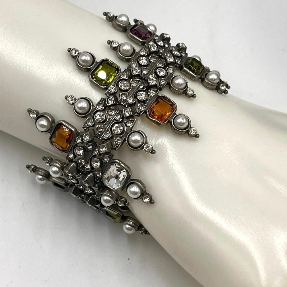 Ben-Amun Vntg Designer Multicolor Crystal White Pearl Art Deco Fringe Bracelet